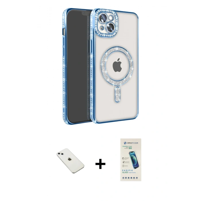 MARSİLYAN™- iPhone 14 Kılıf Zirve Doku Prime - Şeffaf Pasifik Cam Ekran Koruyucu + Diamond Kamera Lens - SABE