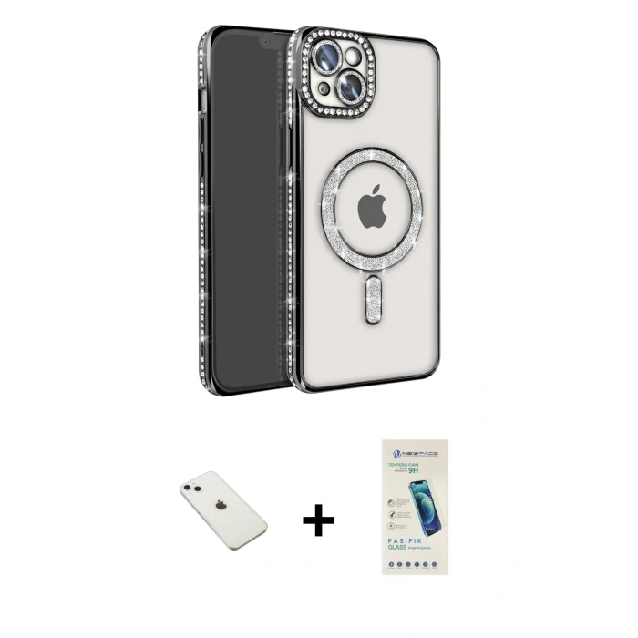 MARSİLYAN™- iPhone 14 Kılıf Zirve Doku Prime - Şeffaf Pasifik Cam Ekran Koruyucu + Diamond Kamera Lens - SABE