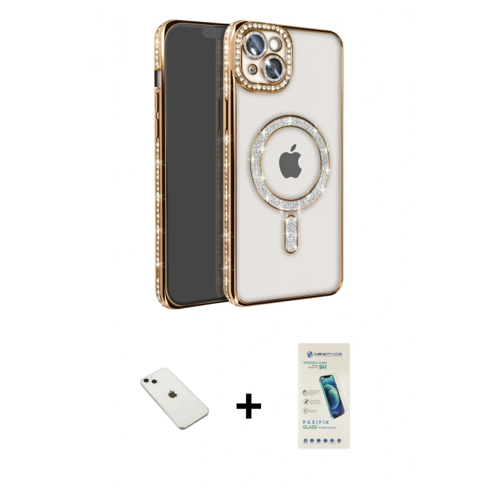 MARSİLYAN™- iPhone 14 Kılıf Zirve Doku Prime - Şeffaf Pasifik Cam Ekran Koruyucu + Diamond Kamera Lens - SABE