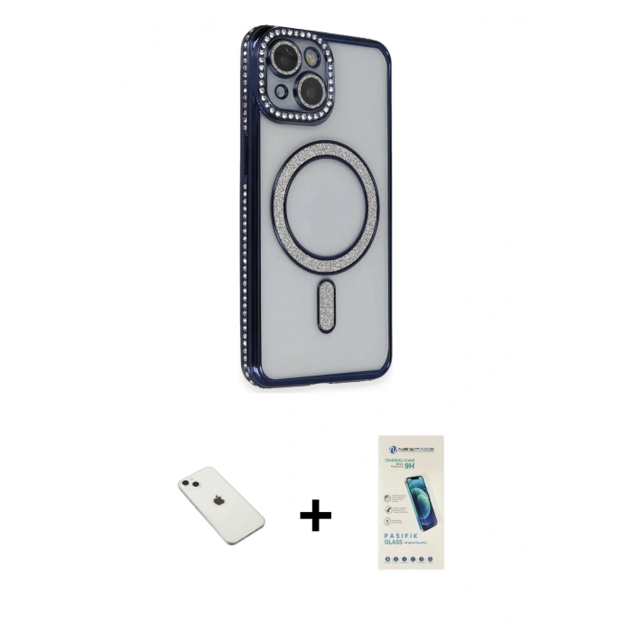 MARSİLYAN™- iPhone 14 Kılıf Zirve Doku Prime - Şeffaf Pasifik Cam Ekran Koruyucu + Diamond Kamera Lens - SABE
