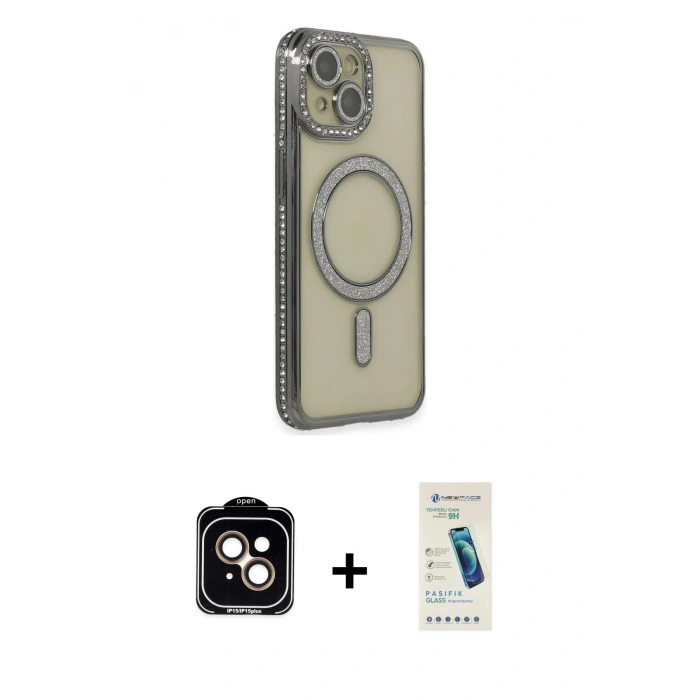MARSİLYAN™- iPhone 14 Kılıf Zirve Doku Prime - Şeffaf Pasifik Cam Ekran Koruyucu + PVD Metal Kamera Lens - TU