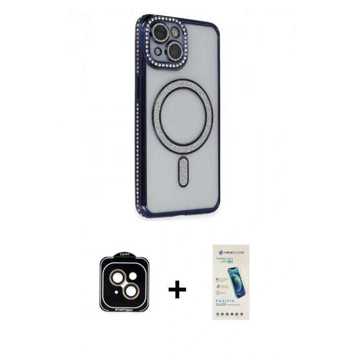 MARSİLYAN™- iPhone 14 Kılıf Zirve Doku Prime - Şeffaf Pasifik Cam Ekran Koruyucu + PVD Metal Kamera Lens - TU