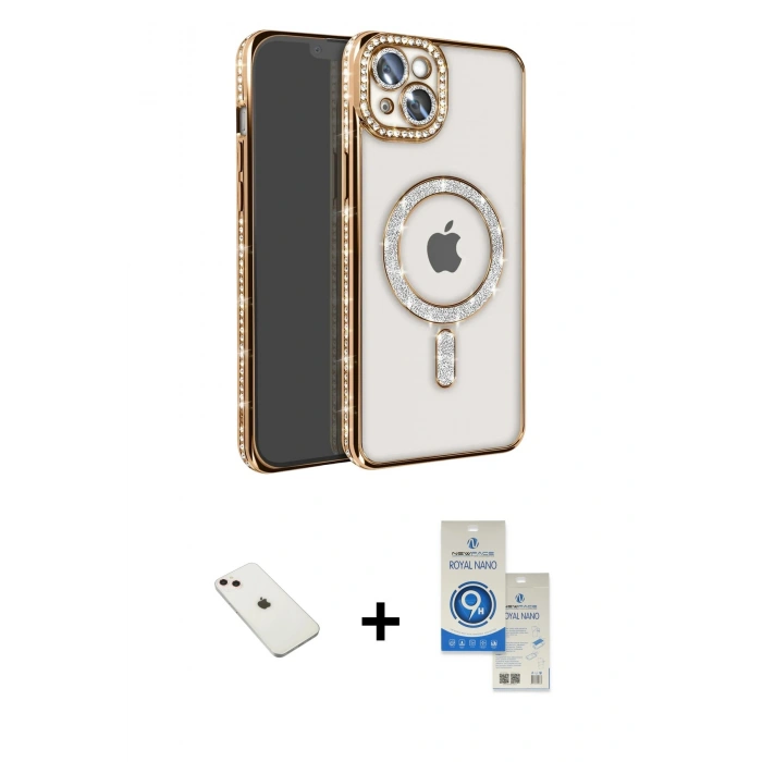 MARSİLYAN™- iPhone 14 Kılıf Zirve Doku Prime - Şeffaf Royal Nano Ekran Koruyucu + Diamond Kamera Lens - PE