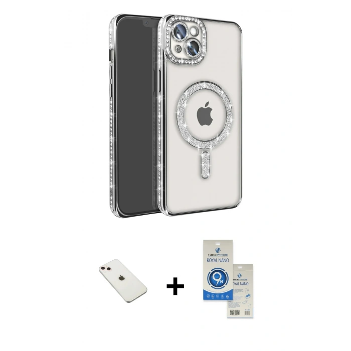 MARSİLYAN™- iPhone 14 Kılıf Zirve Doku Prime - Şeffaf Royal Nano Ekran Koruyucu + Diamond Kamera Lens - PE