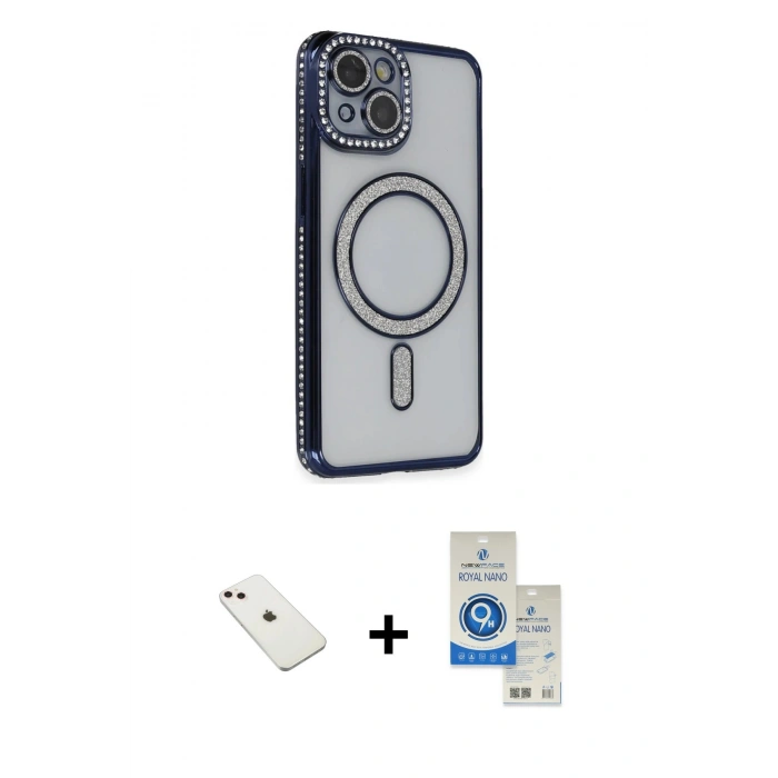 MARSİLYAN™- iPhone 14 Kılıf Zirve Doku Prime - Şeffaf Royal Nano Ekran Koruyucu + Diamond Kamera Lens - PE