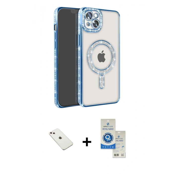MARSİLYAN™- iPhone 14 Kılıf Zirve Doku Prime - Şeffaf Royal Nano Ekran Koruyucu + Diamond Kamera Lens - PE
