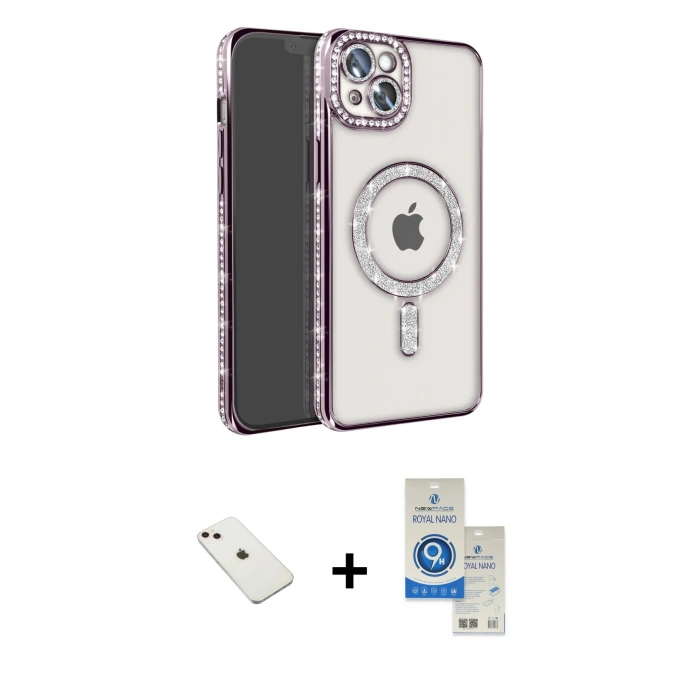 MARSİLYAN™- iPhone 14 Kılıf Zirve Doku Prime - Şeffaf Royal Nano Ekran Koruyucu + Diamond Kamera Lens - PE