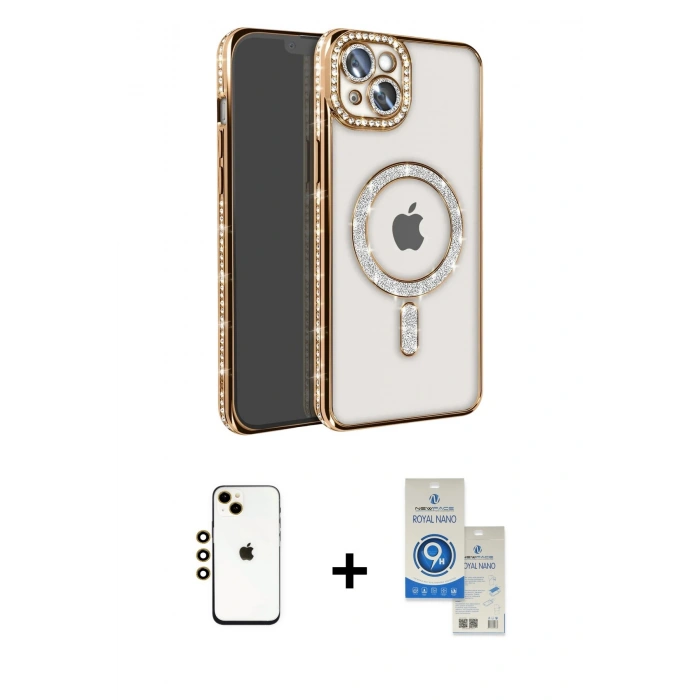 MARSİLYAN™- iPhone 14 Kılıf Zirve Doku Prime - Şeffaf Royal Nano Ekran Koruyucu + Shine Kamera Lens - GD