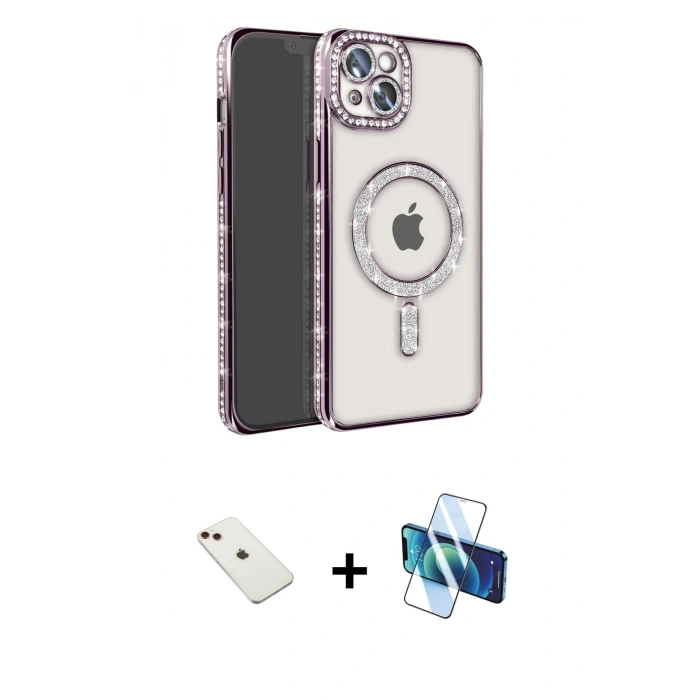 MARSİLYAN™- iPhone 14 Kılıf Zirve Doku Prime - Siyah 3D Antistatik Cam Ekran Koruyucu + Diamond Kamera Lens - KI