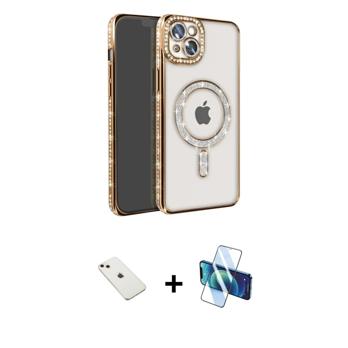 MARSİLYAN™- iPhone 14 Kılıf Zirve Doku Prime - Siyah 3D Antistatik Cam Ekran Koruyucu + Diamond Kamera Lens - PE