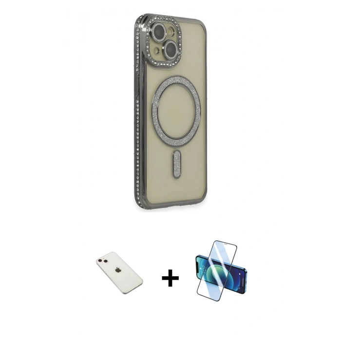 MARSİLYAN™- iPhone 14 Kılıf Zirve Doku Prime - Siyah 3D Antistatik Cam Ekran Koruyucu + Diamond Kamera Lens - PE
