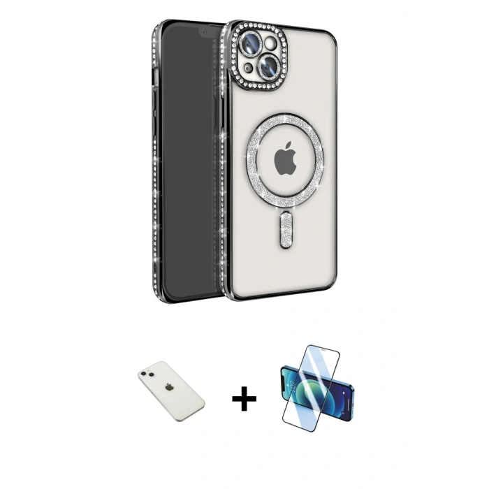 MARSİLYAN™- iPhone 14 Kılıf Zirve Doku Prime - Siyah 3D Antistatik Cam Ekran Koruyucu + Diamond Kamera Lens - SABE