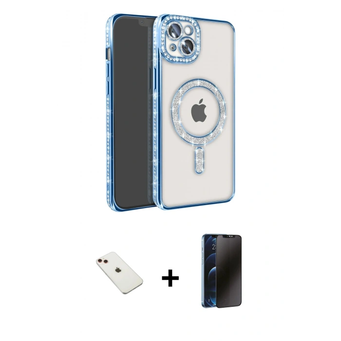MARSİLYAN™- iPhone 14 Kılıf Zirve Doku Prime - Siyah 3D Antistatik Hayalet Cam Ekran Koruyucu + Diamond Kamera Lens - KI
