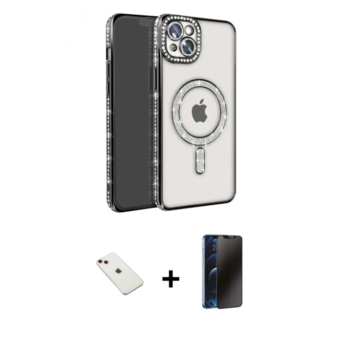 MARSİLYAN™- iPhone 14 Kılıf Zirve Doku Prime - Siyah 3D Antistatik Hayalet Cam Ekran Koruyucu + Diamond Kamera Lens - KI