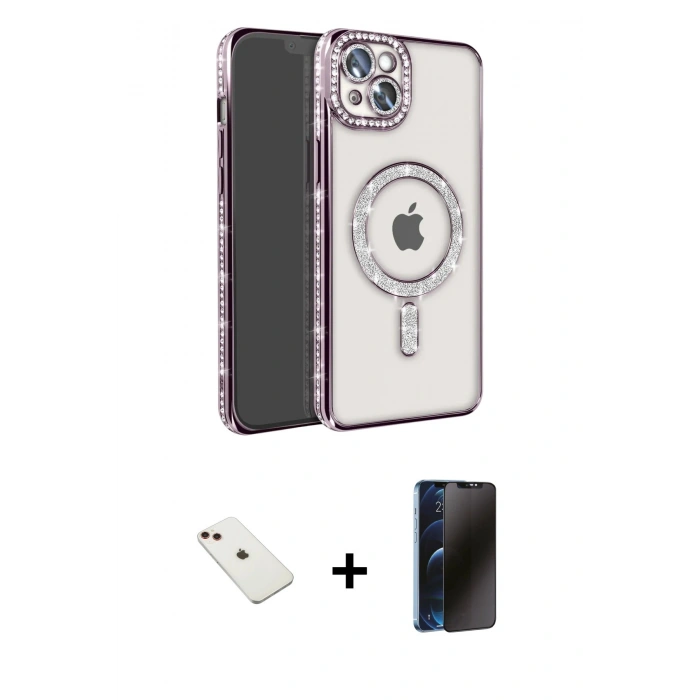MARSİLYAN™- iPhone 14 Kılıf Zirve Doku Prime - Siyah 3D Antistatik Hayalet Cam Ekran Koruyucu + Diamond Kamera Lens - KI