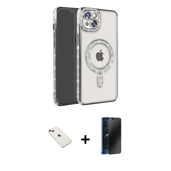 MARSİLYAN™- iPhone 14 Kılıf Zirve Doku Prime - Siyah 3D Antistatik Hayalet Cam Ekran Koruyucu + Diamond Kamera Lens - KI