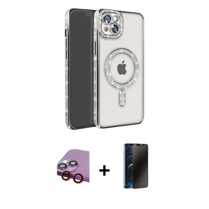 MARSİLYAN™- iPhone 14 Kılıf Zirve Doku Prime - Siyah 3D Antistatik Hayalet Cam Ekran Koruyucu + Raze Metal Kamera Lens - KI