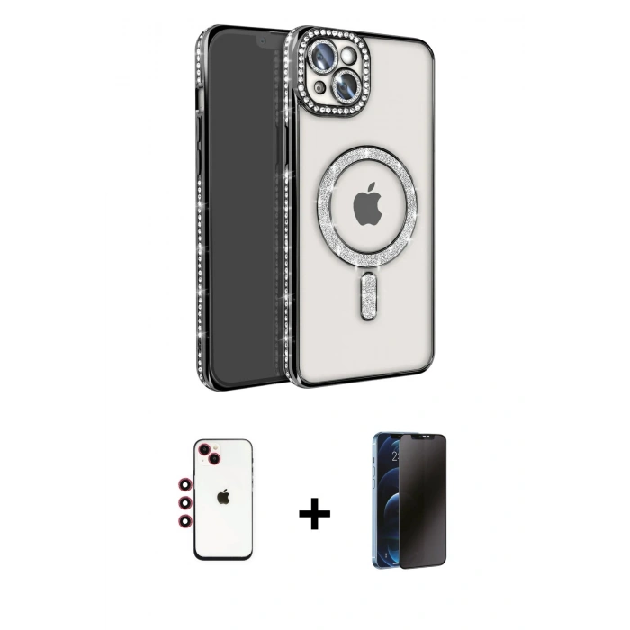 MARSİLYAN™- iPhone 14 Kılıf Zirve Doku Prime - Siyah 3D Antistatik Hayalet Cam Ekran Koruyucu + Shine Kamera Lens - KI