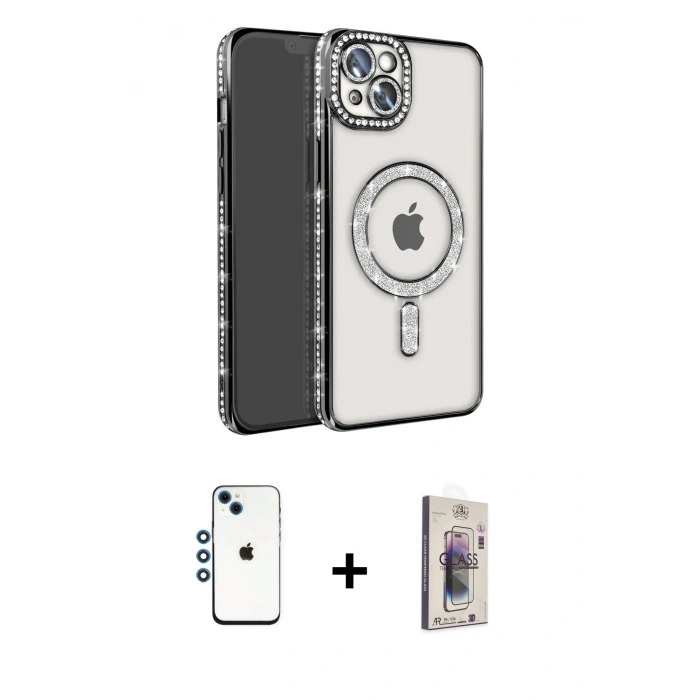 MARSİLYAN™- iPhone 14 Kılıf Zirve Doku Prime - Siyah Bilvis 3D Cam Ekran Koruyucu + Shine Kamera Lens - MI