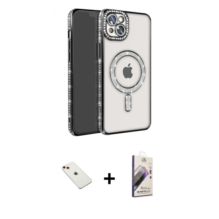 MARSİLYAN™- iPhone 14 Kılıf Zirve Doku Prime - Siyah Bilvis 3D Mat Cam Ekran Koruyucu + Diamond Kamera Lens - KI