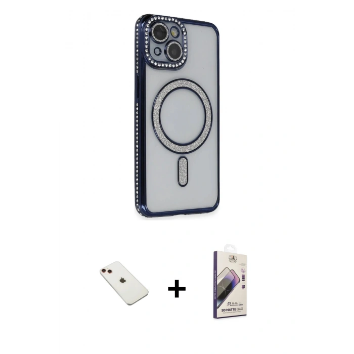 MARSİLYAN™- iPhone 14 Kılıf Zirve Doku Prime - Siyah Bilvis 3D Mat Cam Ekran Koruyucu + Diamond Kamera Lens - KI
