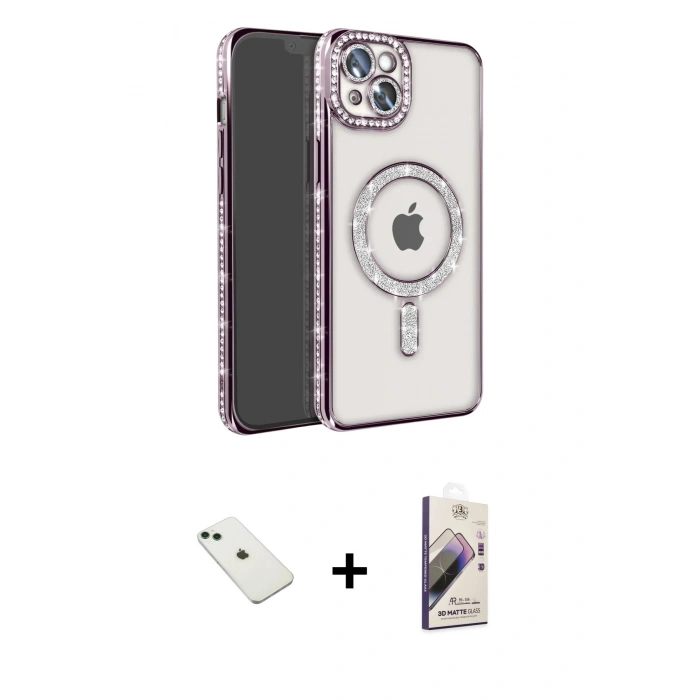 MARSİLYAN™- iPhone 14 Kılıf Zirve Doku Prime - Siyah Bilvis 3D Mat Cam Ekran Koruyucu + Diamond Kamera Lens - YL