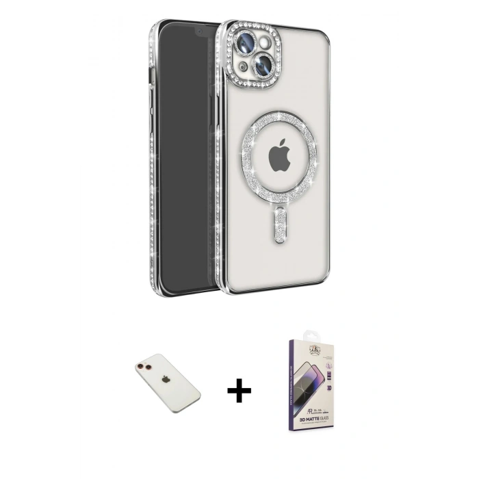 MARSİLYAN™- iPhone 14 Kılıf Zirve Doku Prime - Siyah Bilvis 3D Mat Cam Ekran Koruyucu + Diamond Kamera Lens - KI