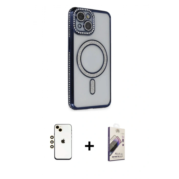 MARSİLYAN™- iPhone 14 Kılıf Zirve Doku Prime - Siyah Bilvis 3D Mat Cam Ekran Koruyucu + Shine Kamera Lens - GD