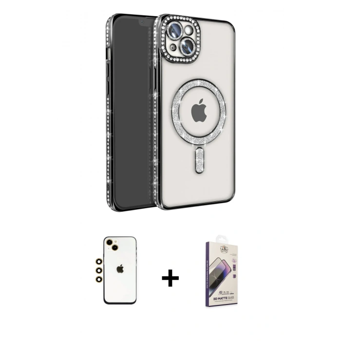 MARSİLYAN™- iPhone 14 Kılıf Zirve Doku Prime - Siyah Bilvis 3D Mat Cam Ekran Koruyucu + Shine Kamera Lens - GD