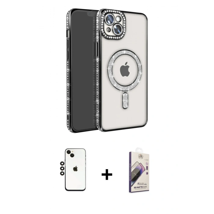 MARSİLYAN™- iPhone 14 Kılıf Zirve Doku Prime - Siyah Bilvis 3D Mat Cam Ekran Koruyucu + Shine Kamera Lens - SH