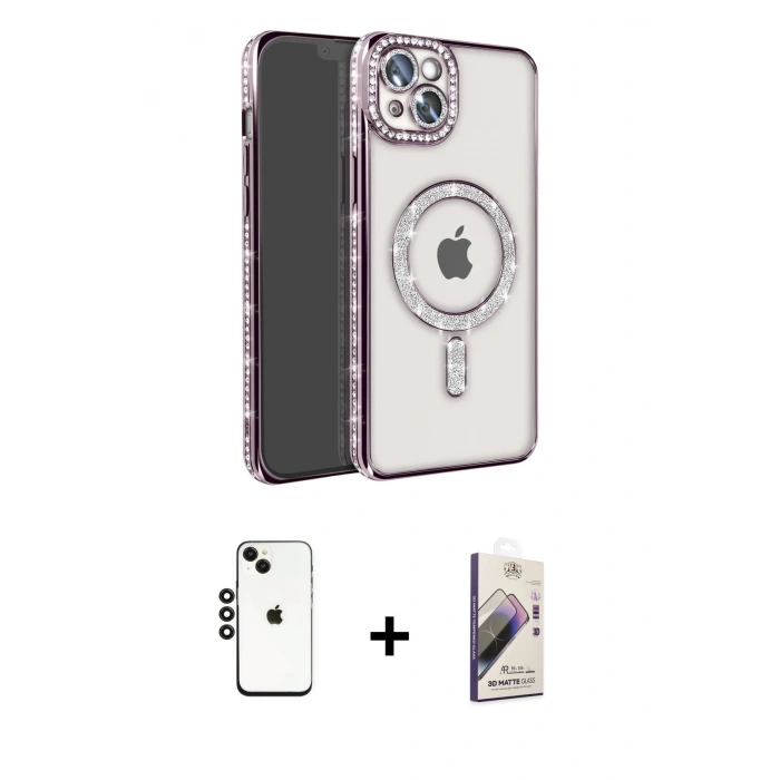 MARSİLYAN™- iPhone 14 Kılıf Zirve Doku Prime - Siyah Bilvis 3D Mat Cam Ekran Koruyucu + Shine Kamera Lens - SH