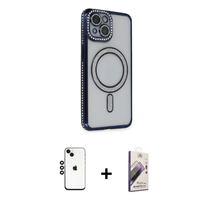 MARSİLYAN™- iPhone 14 Kılıf Zirve Doku Prime - Siyah Bilvis 3D Mat Cam Ekran Koruyucu + Shine Kamera Lens - SH