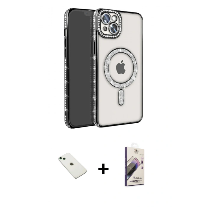 MARSİLYAN™- iPhone 14 Kılıf Zirve Doku Prime - Siyah Bilvis 3D Mat Cam Ekran Koruyucu + Diamond Kamera Lens - YL