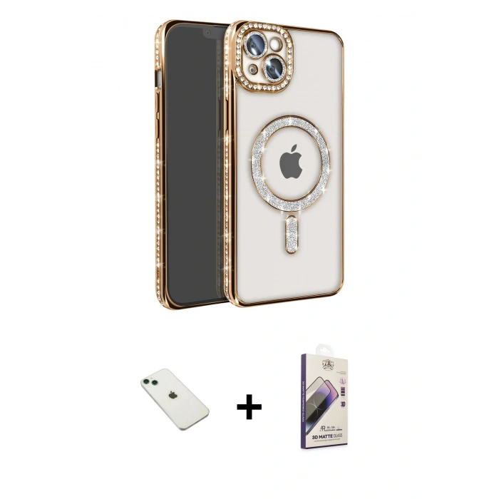 MARSİLYAN™- iPhone 14 Kılıf Zirve Doku Prime - Siyah Bilvis 3D Mat Cam Ekran Koruyucu + Diamond Kamera Lens - YL