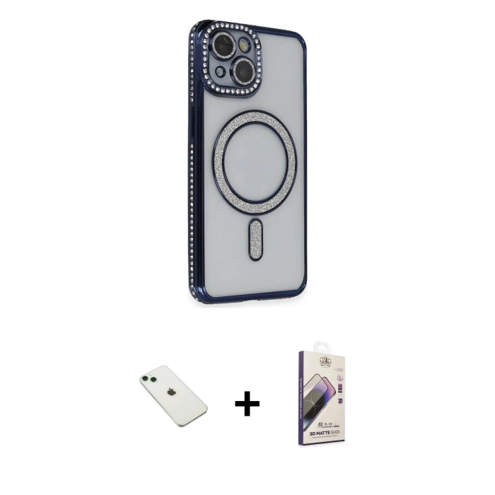 MARSİLYAN™- iPhone 14 Kılıf Zirve Doku Prime - Siyah Bilvis 3D Mat Cam Ekran Koruyucu + Diamond Kamera Lens - YL