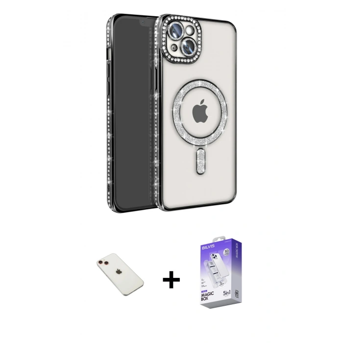 MARSİLYAN™- iPhone 14 Kılıf Zirve Doku Prime - Siyah Bilvis 5in1 3D Magic Cam Ekran Koruyucu + Diamond Kamera Lens - KI