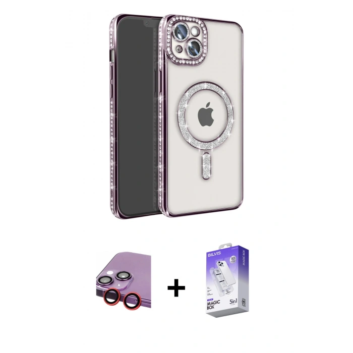 MARSİLYAN™- iPhone 14 Kılıf Zirve Doku Prime - Siyah Bilvis 5in1 3D Magic Cam Ekran Koruyucu + Kırmızı Raze Metal Kamera Lens