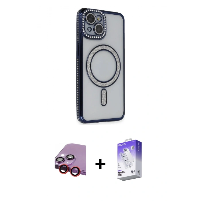 MARSİLYAN™- iPhone 14 Kılıf Zirve Doku Prime - Siyah Bilvis 5in1 3D Magic Cam Ekran Koruyucu + Kırmızı Raze Metal Kamera Lens