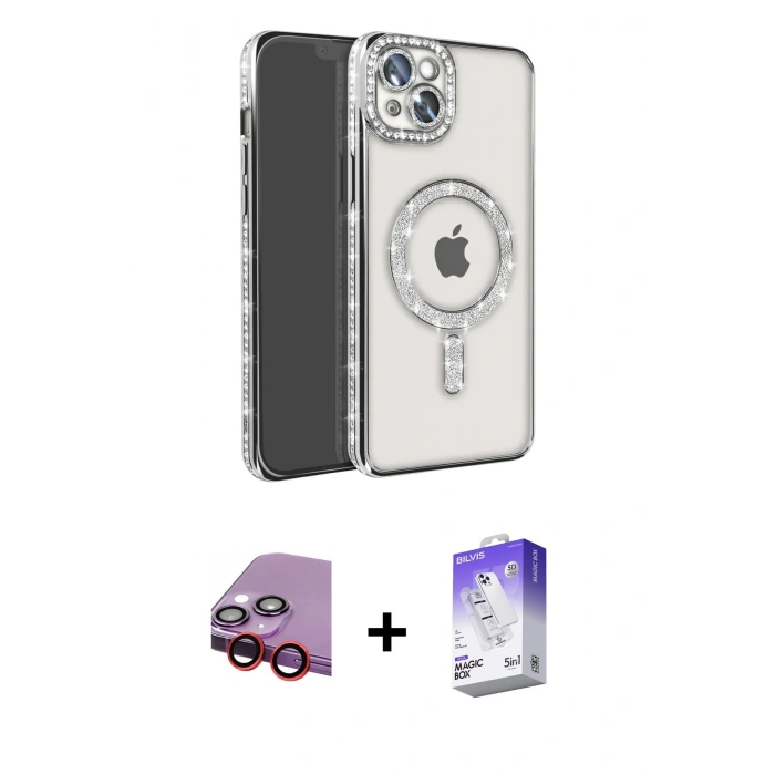MARSİLYAN™- iPhone 14 Kılıf Zirve Doku Prime - Siyah Bilvis 5in1 3D Magic Cam Ekran Koruyucu + Kırmızı Raze Metal Kamera Lens