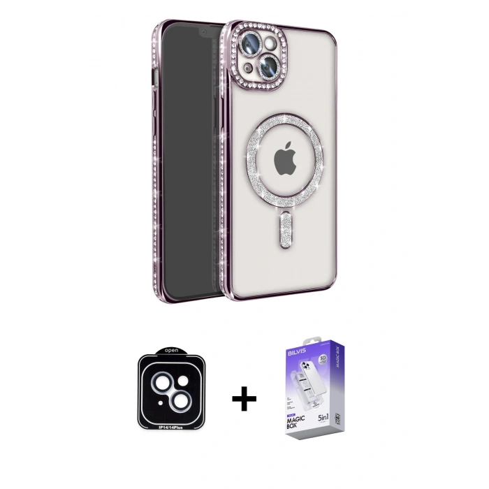 MARSİLYAN™- iPhone 14 Kılıf Zirve Doku Prime - Siyah Bilvis 5in1 3D Magic Cam Ekran Koruyucu + PVD Metal Kamera Lens - MI