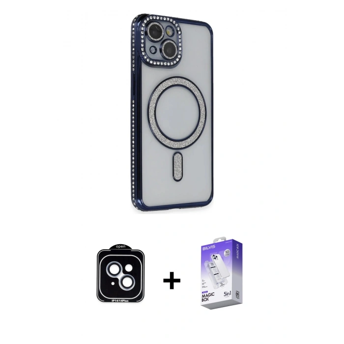 MARSİLYAN™- iPhone 14 Kılıf Zirve Doku Prime - Siyah Bilvis 5in1 3D Magic Cam Ekran Koruyucu + PVD Metal Kamera Lens - MI