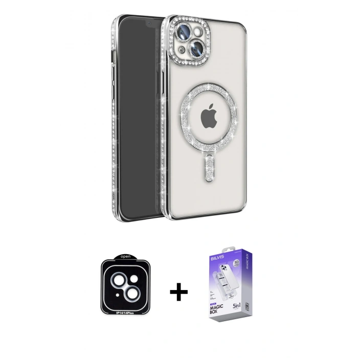 MARSİLYAN™- iPhone 14 Kılıf Zirve Doku Prime - Siyah Bilvis 5in1 3D Magic Cam Ekran Koruyucu + PVD Metal Kamera Lens - MI