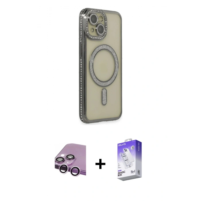 MARSİLYAN™- iPhone 14 Kılıf Zirve Doku Prime - Siyah Bilvis 5in1 3D Magic Cam Ekran Koruyucu + Mor Raze Metal Kamera Lens