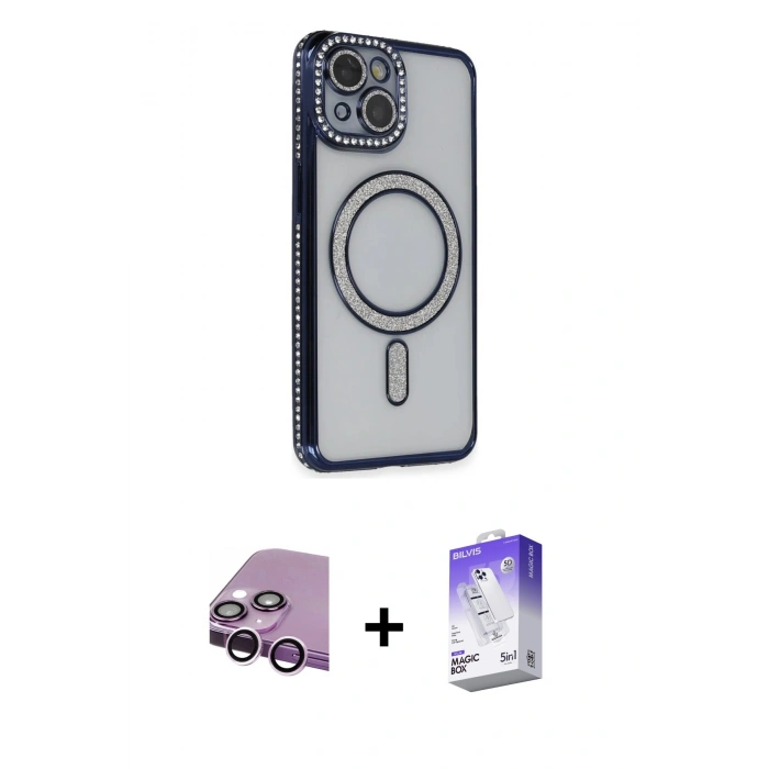MARSİLYAN™- iPhone 14 Kılıf Zirve Doku Prime - Siyah Bilvis 5in1 3D Magic Cam Ekran Koruyucu + Mor Raze Metal Kamera Lens