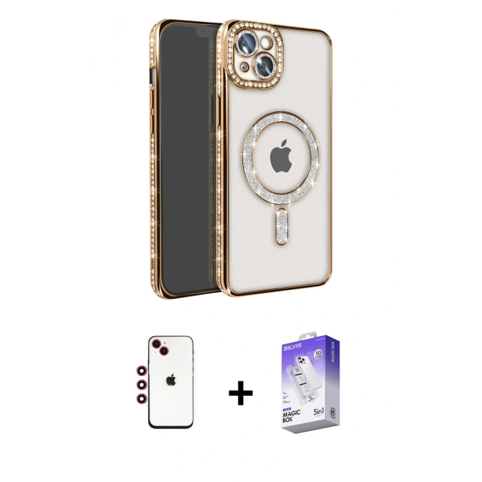 MARSİLYAN™- iPhone 14 Kılıf Zirve Doku Prime - Siyah Bilvis 5in1 3D Magic Cam Ekran Koruyucu + Shine Kamera Lens - KI