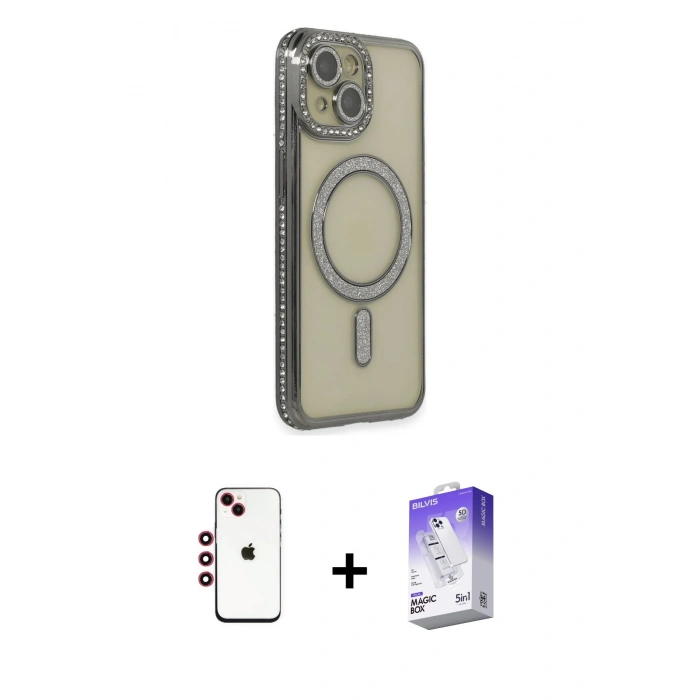 MARSİLYAN™- iPhone 14 Kılıf Zirve Doku Prime - Siyah Bilvis 5in1 3D Magic Cam Ekran Koruyucu + Shine Kamera Lens - KI