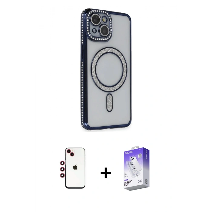 MARSİLYAN™- iPhone 14 Kılıf Zirve Doku Prime - Siyah Bilvis 5in1 3D Magic Cam Ekran Koruyucu + Shine Kamera Lens - KI