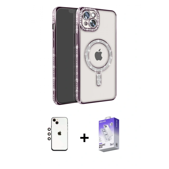 MARSİLYAN™- iPhone 14 Kılıf Zirve Doku Prime - Siyah Bilvis 5in1 3D Magic Cam Ekran Koruyucu + Shine Kamera Lens - GI