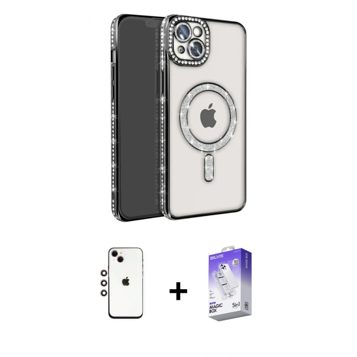 MARSİLYAN™- iPhone 14 Kılıf Zirve Doku Prime - Siyah Bilvis 5in1 3D Magic Cam Ekran Koruyucu + Shine Kamera Lens - GI