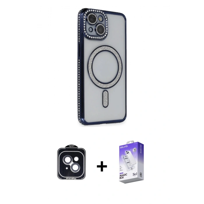 MARSİLYAN™- iPhone 14 Kılıf Zirve Doku Prime - Siyah Bilvis 5in1 3D Magic Cam Ekran Koruyucu + Siyah PVD Metal Kamera Lens